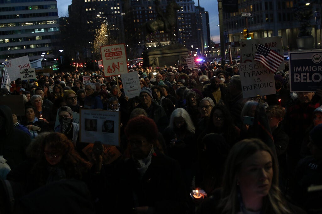 A large group of people protest against U.S. Immigration and Customs Enforcement in Philadelphia