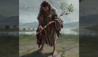 An illustration of a Stone Age person with long brown hair who is standing on a grassy area by a river, which has elephants and birds in the background. The person is holding and de-barking a branch.