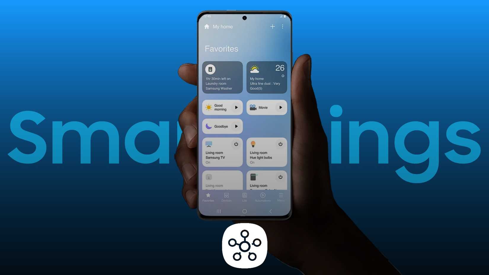 A phone screen showing the devices that can be controlled by Samsung SmartThings