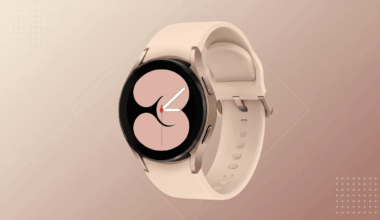 A Samsung Galaxy Watch 4 with a rose gold case and a light pink band, displayed on a professional flat design background with soft patterns and gradients.