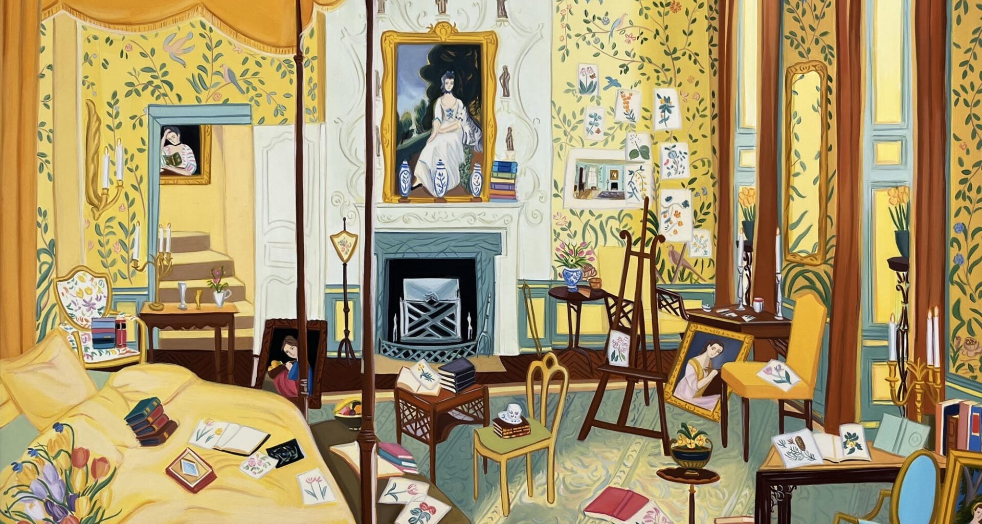 An oil and acrylic painting by Gretchen Scherer of a Georgian-era bedroom with fancy furnishings, portraits, wallpaper, and everyday items like books strewn around the room.