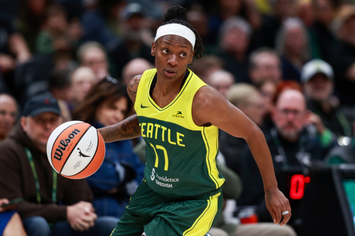 SEATTLE, WASHINGTON - MAY 04: Erica Wheeler #17 of Seattle Storm advances the ball d3q of a preseason WNBA game at Climate Pledge Arena on May 04, 2025 in Seattle, Washington. NOTE TO USER: User expressly acknowledges and agrees that, by downloading and or using this photograph, User is consenting to the terms and conditions of the Getty Images License Agreement. (Photo by Rio Giancarlo/Getty Images)
