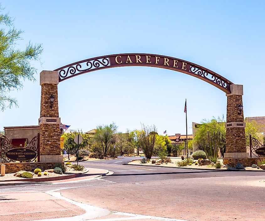 Welcome to Carefree, Arizona, featuring the Desert Gardens and the iconic Sundial.