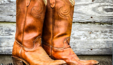 cowboy boots in front of a wood background.