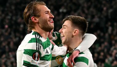Celtic midfielder Benjamin Nygren (L) celebrates scoring their opener