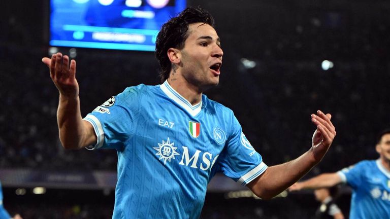 Antonio Vergara celebrates after equalising for Napoli against Chelsea