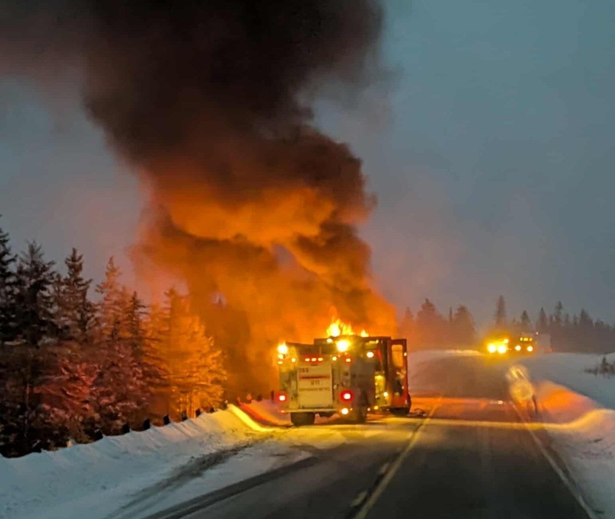 Snowplow truck erupts in ball of flames on Highway 11