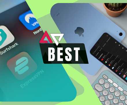 Split-screen graphic showing Surfshark VPN alongside a tablet, smartphone, and keyboard, with a ‘Best’ label in the center.