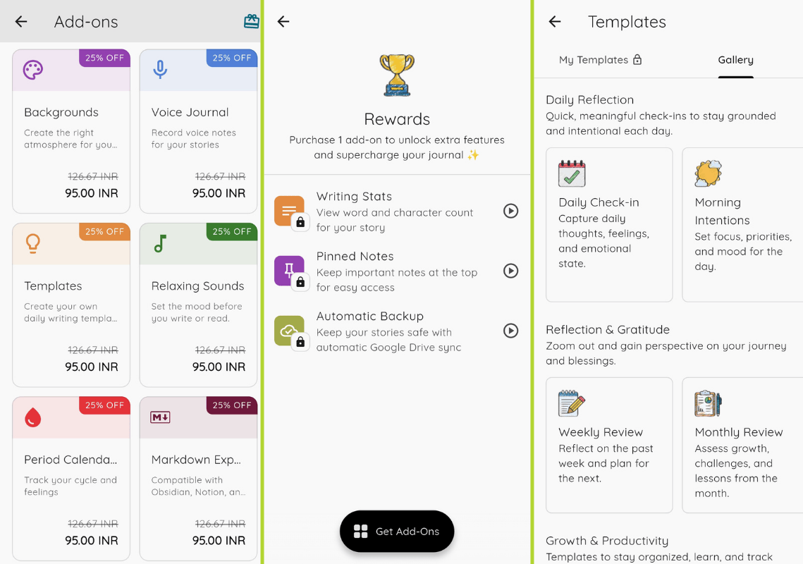 from left to right: storypad page for add-ons, rewards, and templates, these are showing a lot of content, so use an ocr tool to undertsand those
