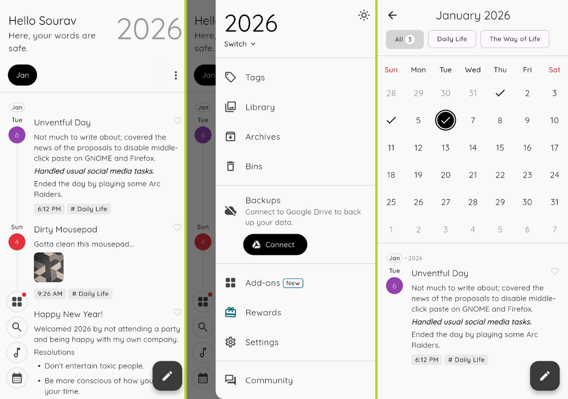 from left to right: storypad timeline view, the sidebar menu, and the calendar view