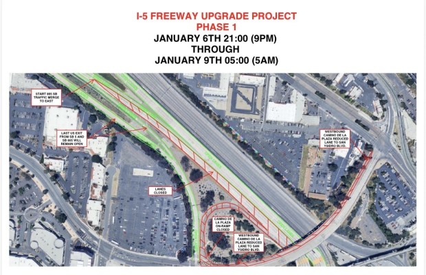 The U.S. General Services Administration announced the 56-hour closure of the Camino de la Plaza freeway on-ramp and the six westernmost lanes of the southbound I-5 at the San Ysidro land port of entry due to construction in the area. Closures will take place from January 6 at 9:00 p.m. to January 9 at 5:00 a.m. (U.S. General Services Administration)