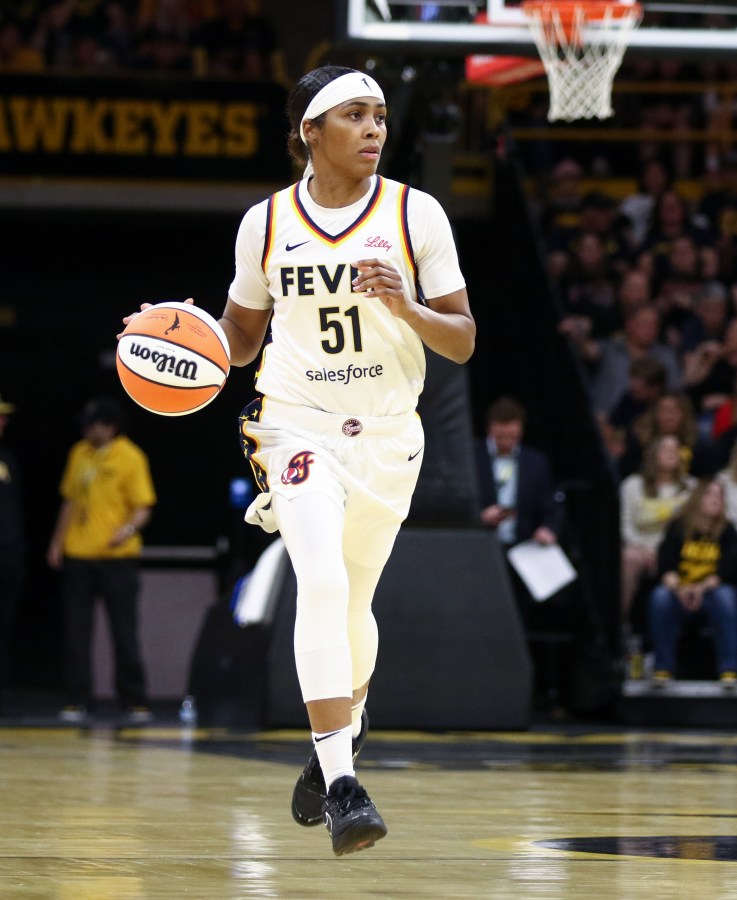 This image has an empty alt attribute; its file name is sydney-colson-GettyImages-2214030537.jpg
IOWA CITY, IOWA- MAY 4: Guard Sydney Colson #51 of the Indiana Fever brings the ball down the court during the first half against the Brazil National Team, at Carver-Hawkeye Arena on March 4, 2025 in Iowa City, Iowa. 
