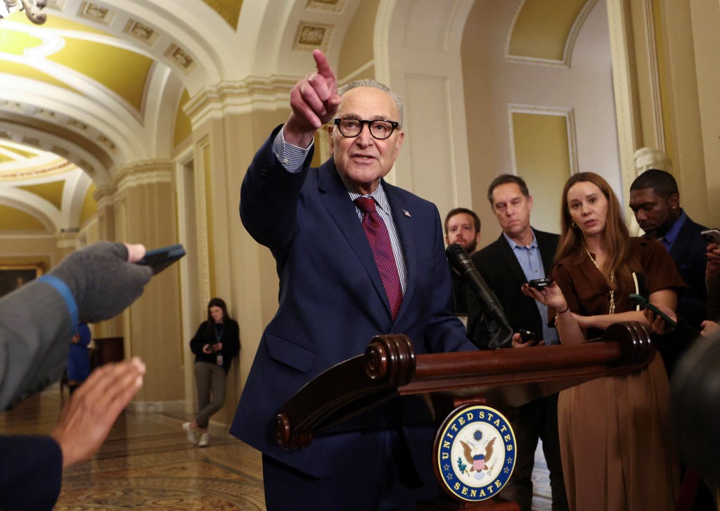 U.S. Senate Minority Leader Chuck Schumer (D-NY) takes a question while speaking to reporters after the weekly Senate Democrat caucus policy luncheon at the U.S. Capitol in Washington, D.C., U.S., U.S., January 13, 2026. REUTERS/Kevin Lamarque