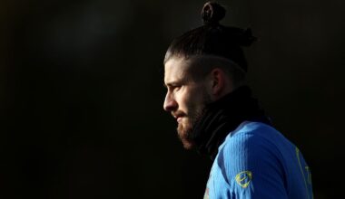 ENFIELD, ENGLAND - NOVEMBER 25: Radu Dragusin of Tottenham Hotspur looks on during a Tottenham Hotspur training session ahead of the UEFA Champions League 2025/26 League Phase MD5 match against Paris Saint-Germain at Tottenham Hotspur Training Centre on November 25, 2025 in Enfield, England. (Photo by James Fearn/Getty Images) (Roma and Milan links)
