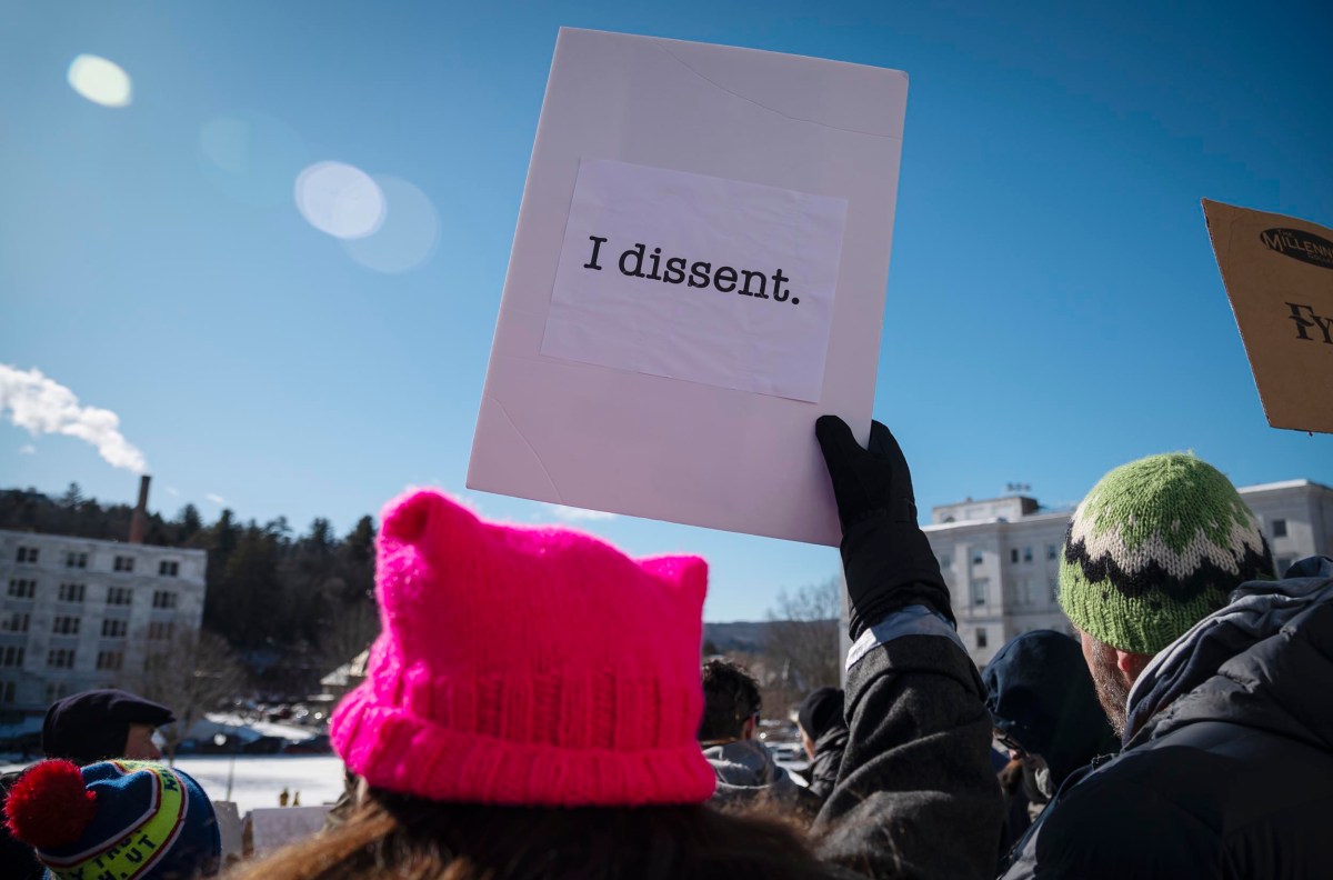 A person in a pink hat holds a sign reading "I dissent." at an outdoor protest. Others stand nearby, some with signs. Buildings and trees are visible in the background.