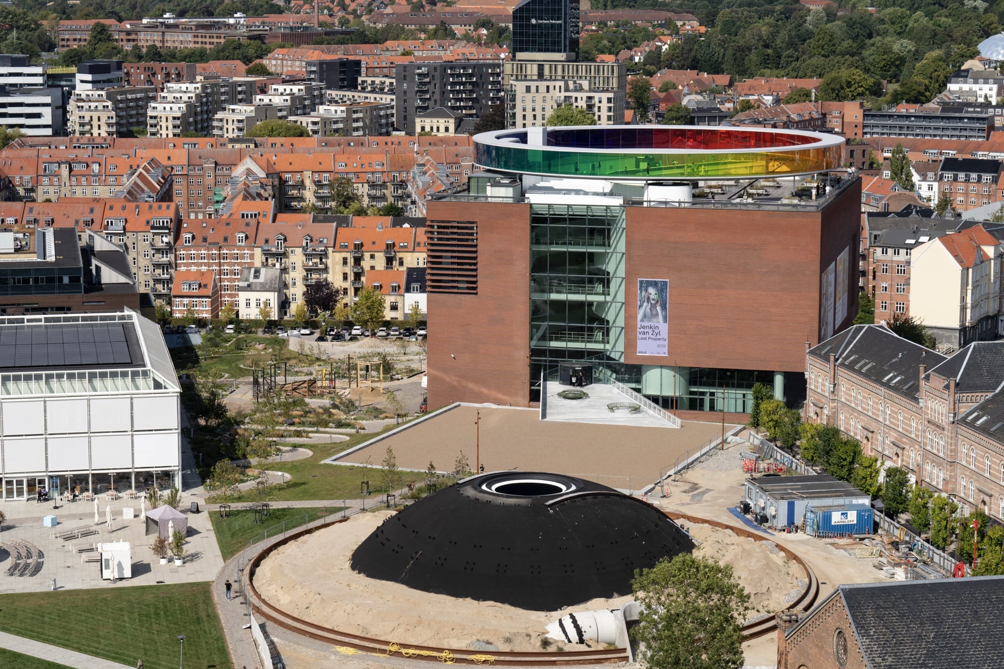 An aerial view of the exterior of an installation-building artwork by James Turrell in his 'Skyspace' series