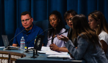(From left to right) Board Trustee Richard Barrera, Student Board Member Blessyn Lavender Williams and District E Board of Education Trustee Sharon Whitehurst-Payne during a San Diego Unified School District meeting in University Heights on July 11, 2023.