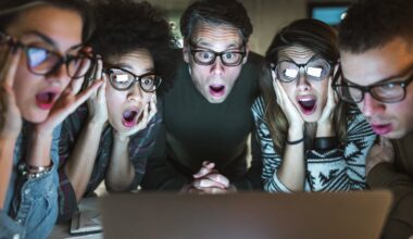 People looking at a computer with surprised expressions.