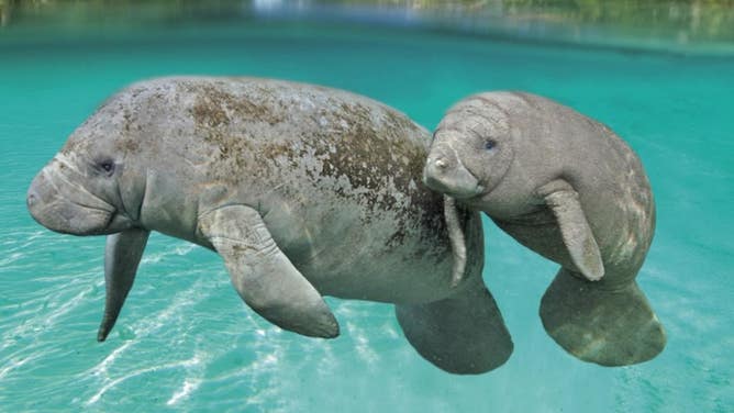 FILE: Mother manatee and her baby in the warm water springs of Three Sisters Springs, Florida.