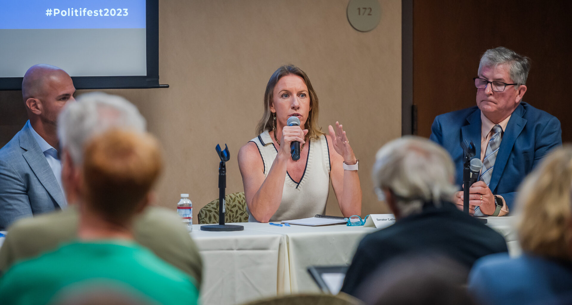 State Senator Catherine Blakespear and Encinitas Mayor Tony Kranz speak at the University of San Diego for Politifest 2023 on Saturday, Oct. 7, 2023. / Vito Di Stefano for Voice of San Diego