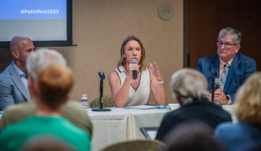 State Senator Catherine Blakespear and Encinitas Mayor Tony Kranz speak at the University of San Diego for Politifest 2023 on Saturday, Oct. 7, 2023. / Vito Di Stefano for Voice of San Diego