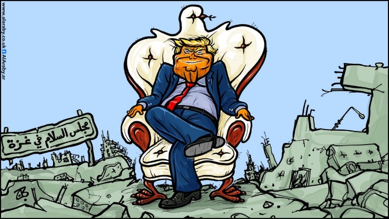 A cartoon by Imad Hajjaj: the American president imitates the pose of Yahya al-Sinwar on an armchair shaped like a dove of peace with a sign reading 