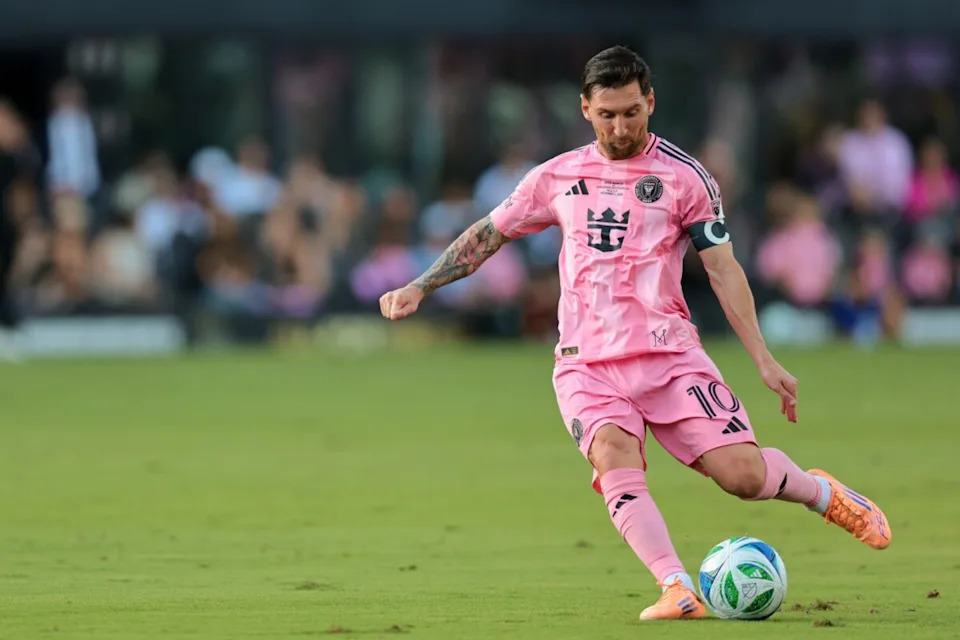 Dec 6, 2025; Fort Lauderdale, Florida, USA; Inter Miami forward Lionel Messi (10) kicks the ball against the Vancouver Whitecaps FC in the first half during the 2025 MLS Cup at Chase Stadium. Mandatory Credit: Sam Navarro-Imagn Images