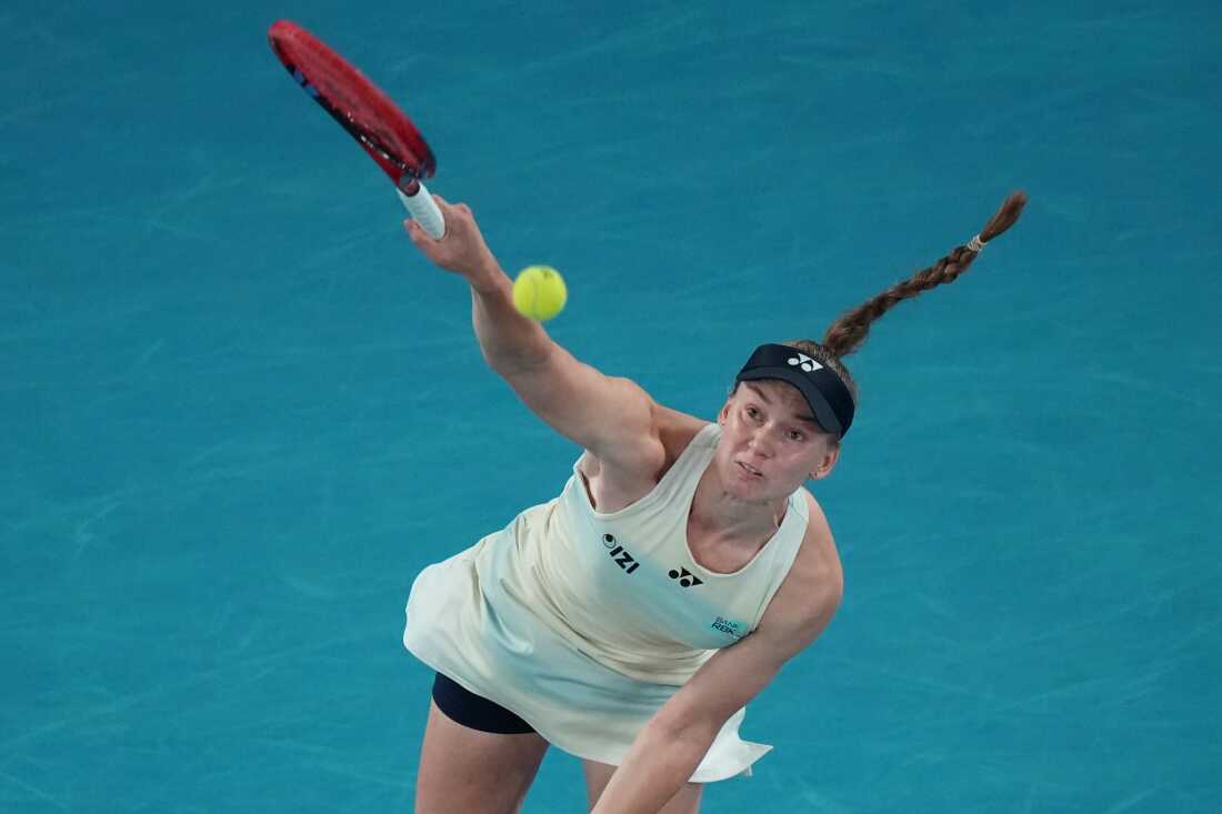Elena Rybakina of Kazakhstan serves the ball to Aryna Sabalenka of Belarus during the women's singles final at the Australian Open tennis championship in Melbourne, Australia on Saturday.