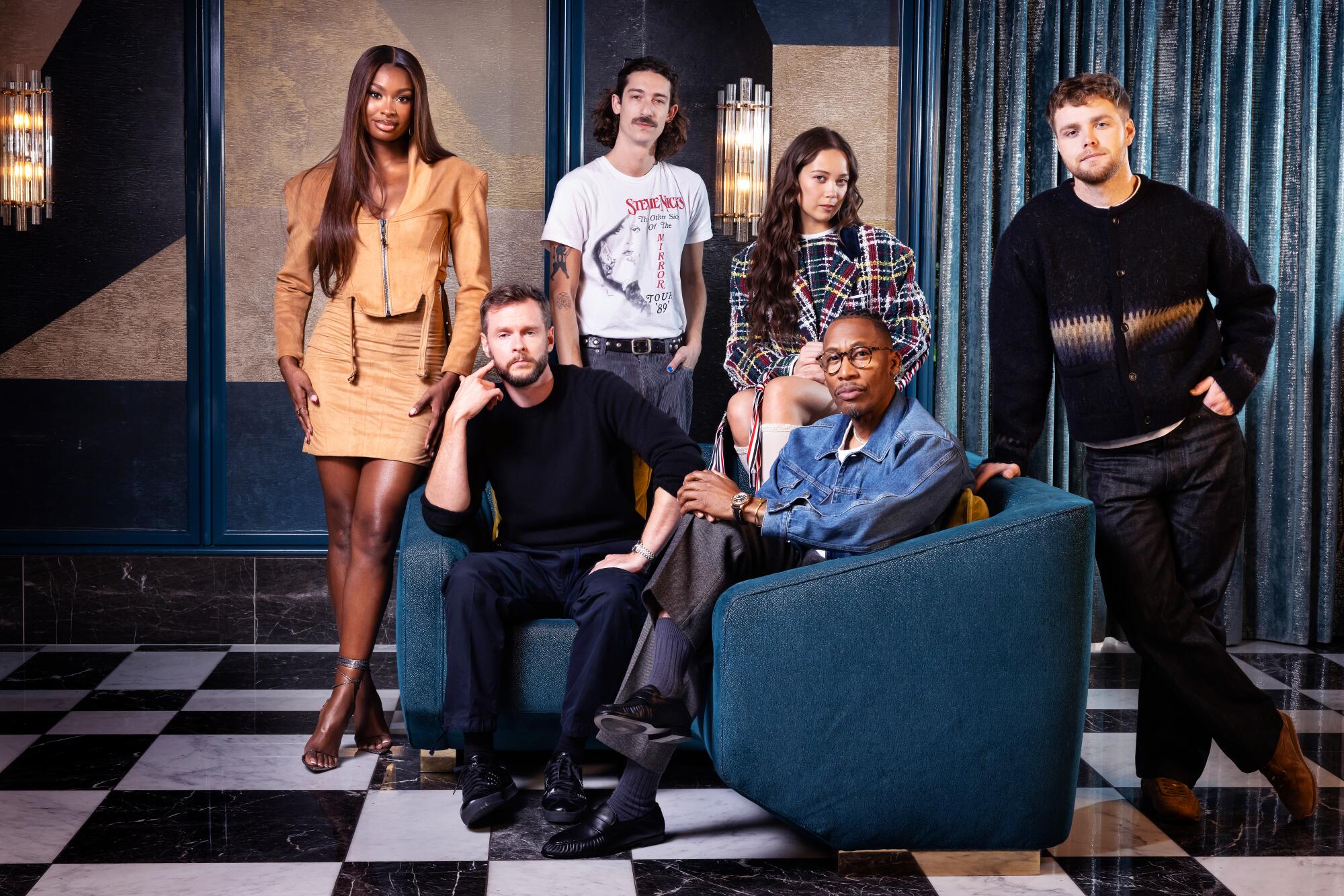 Coco Jones, from left, Cirkut, Carter Lang, Laufey, Raphael Saadiq and Alex Warren at the Sun Rose in West Hollywood.