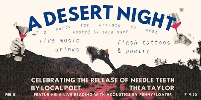 A poster for an event reading "A Desert Night" over a desert background with two hands holding cocktails.