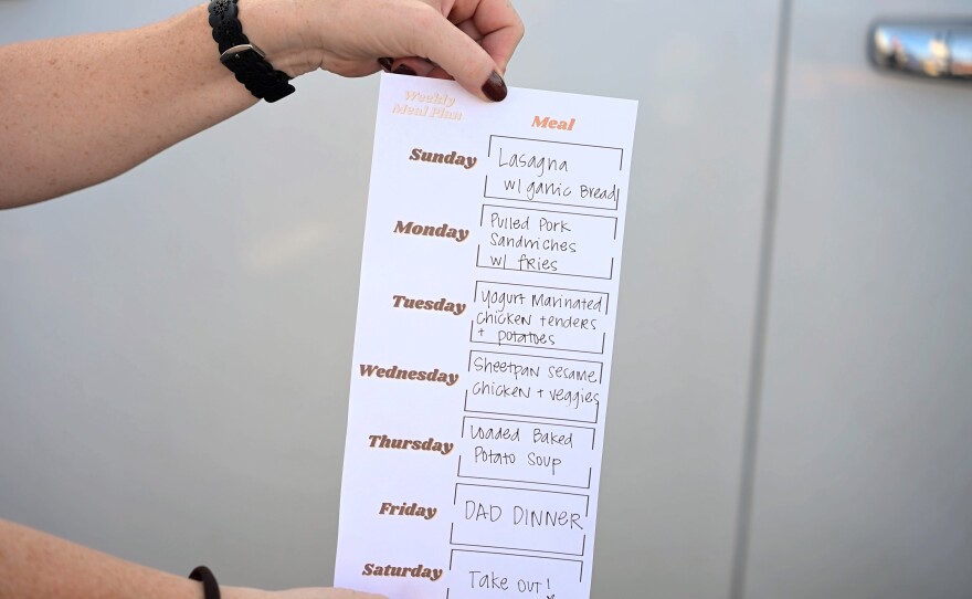 Powell typically cooks five to seven dinners a week for her family. She plans them around the perishable ingredients in her refrigerator first, then looks at what she has in the freezer and pantry before making her grocery shopping list. She held her meal list outside the Santee Food 4 Less on Friday, Dec. 12, 2025.