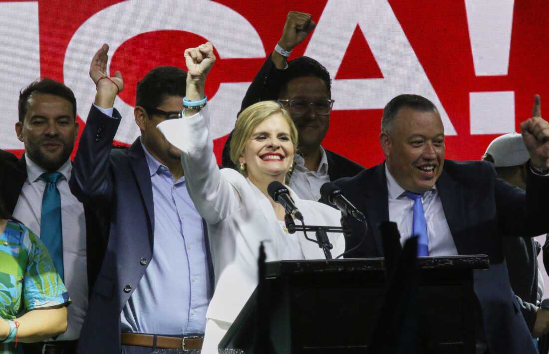Presidential candidate Laura Fernández addresses supporters after polls closed in San José, Costa Rica, Sunday.