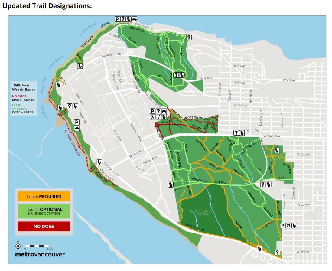 A grey map showing green park space with yellow, green and red lines delineating trails.