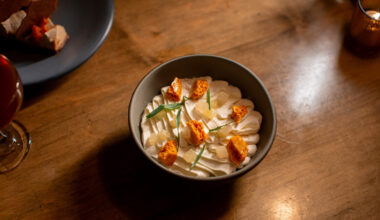 Southwark&rsquo;s Ginger Mascarpone Mousse pairs silky mousse with elderflower sponge cake and caramelized pears.