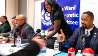 Candidates (from left) State Rep. Morgan Cephas; physician David Oxman; State Rep. Chris Rabb; physician Ala Stanford and State Sen. Sharif Street appear at a forum hosted by the 9th Ward Democratic Committee in Mt. Airy Thursday, Dec. 4, 2025. Months before the Democratic primary, they are among a crowded field vying to represent Philadelphia's 3rd Congressional District, which encompasses about half of the city.