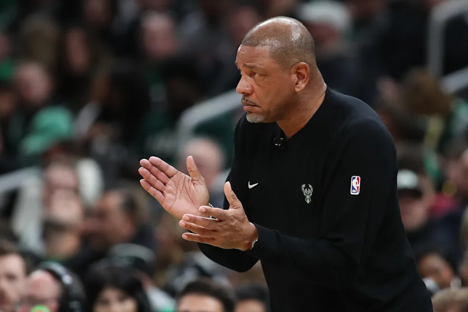 Oct 28, 2024; Boston, Massachusetts, USA; Milwaukee Bucks head coach Doc Rivers reacts during the first half against the Boston Celtics at TD Garden. Mandatory Credit: Paul Rutherford-Imagn Images