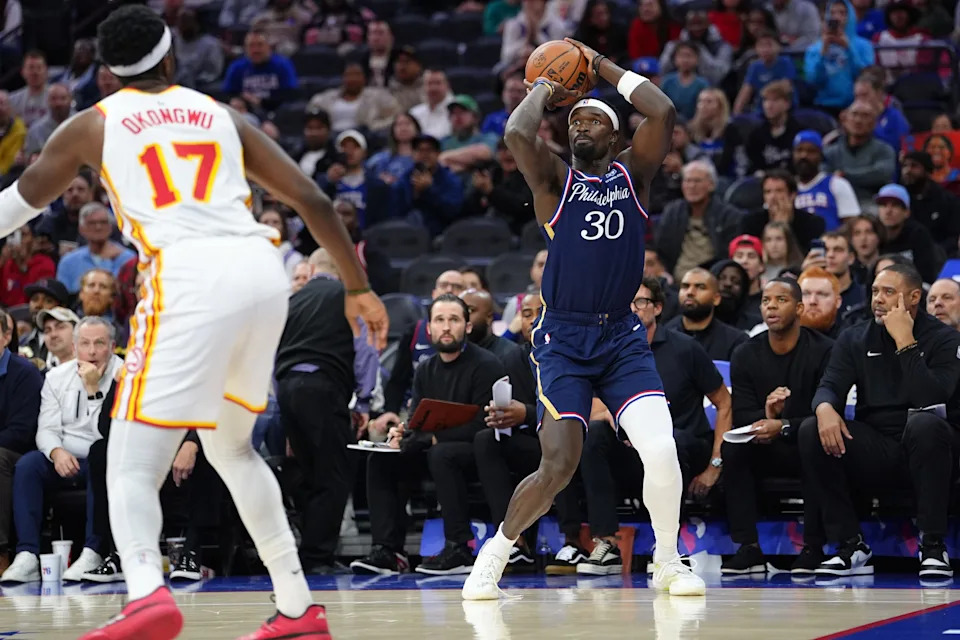 Nov 30, 2025; Philadelphia, Pennsylvania, USA; Philadelphia 76ers center Adem Bona (30) shoots the ball against the Atlanta Hawks in the third quarter at Xfinity Mobile Arena. Mandatory Credit: Kyle Ross-Imagn Images