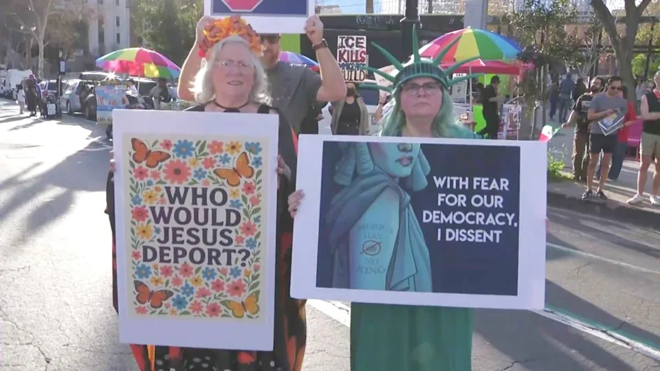 Hundreds of demonstrators gathered in downtown Los Angeles on Saturday, Jan. 31, 2026, for a second-straight day of protests against the Trump administration's immigration enforcement operations. (KTLA)
