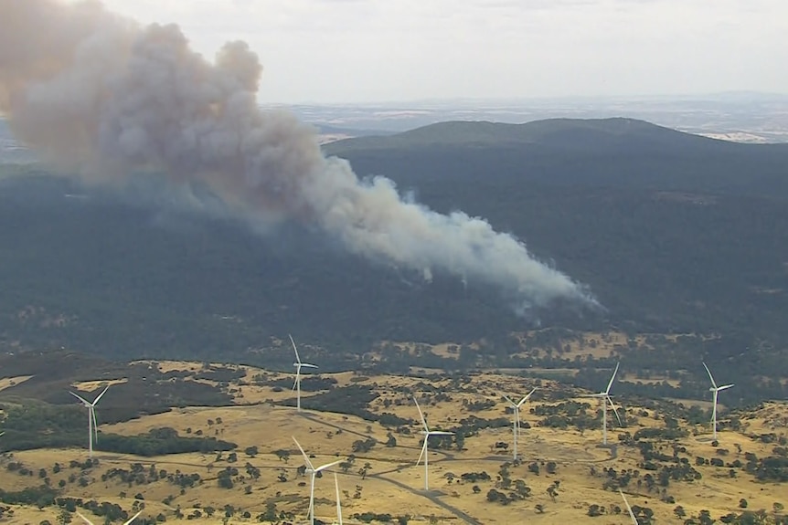 A photo taken of smoke rising from tree covered mountains with white wind turbines near the smoke.