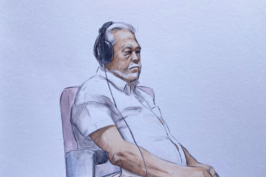 A court sketch of an elderly man wearing a short sleeved shirt and headphones. 
