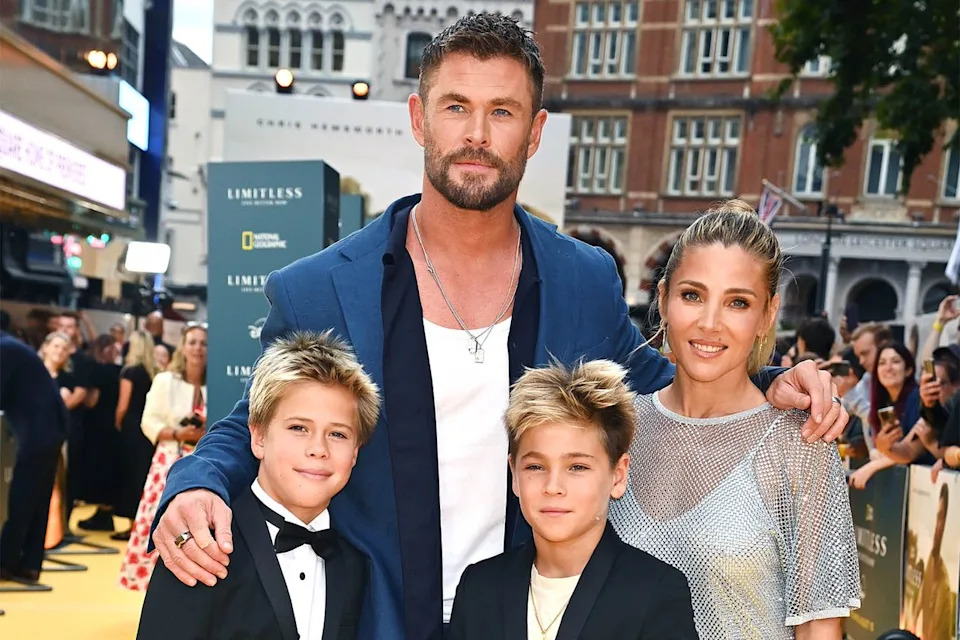 Chris Hemsworth, Elsa Pataky and their twin boys Tristan and Sasha in July 2025.Credit: Dave Benett/Getty