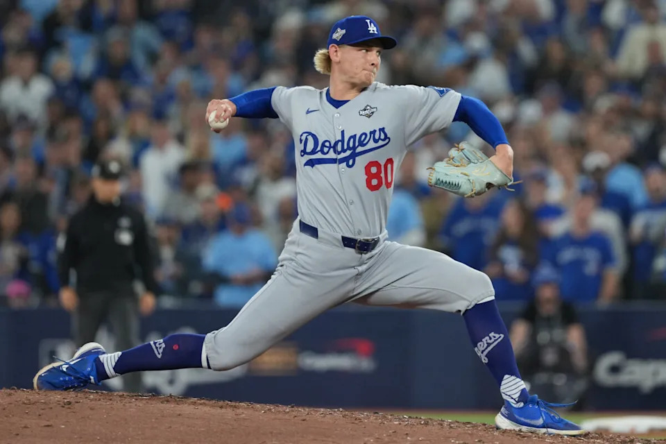 Oct 24, 2025; Toronto, Ontario, CAN; Los Angeles Dodgers pitcher Emmet Sheehan (80) pitches against the Toronto Blue Jays in the sixth inning during game one of the 2025 MLB World Series at Rogers Centre. Mandatory Credit: Nick Turchiaro-Imagn Images