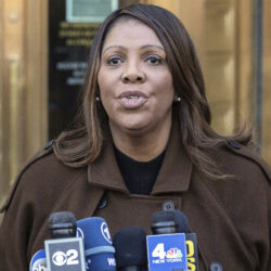 New York Attorney General Letitia James speaks during a news conference outside Manhattan federal court in New York, Feb. 14, 2025. Photo: Yuki Iwamura/AP