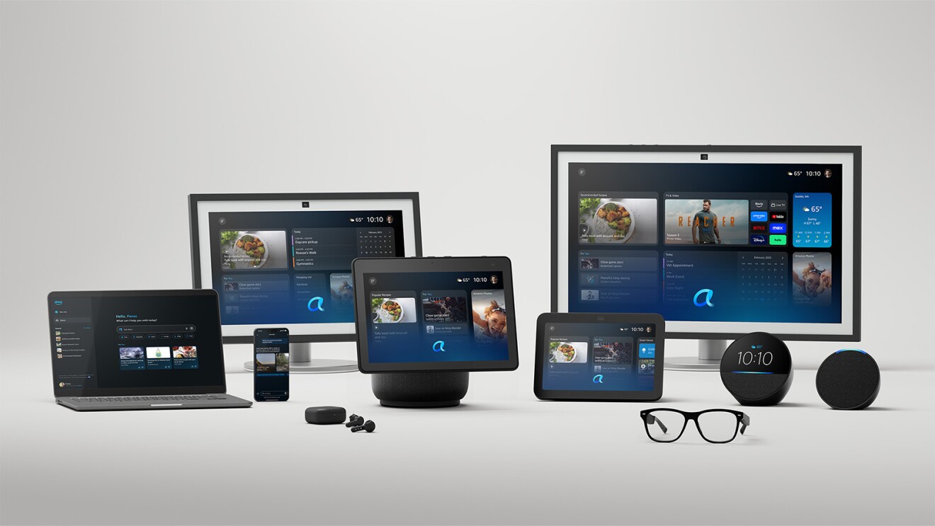 Picture of several devices, including Amazon Echo devices.