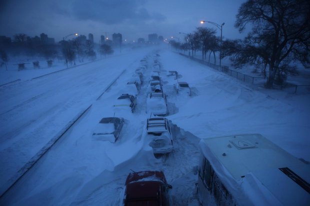 Abandoned vehicles sit along northbound Lake Shore Drive after a blizzard hit the area on Feb. 2, 2011. (E. Jason Wambsgans/Chicago Tribune)