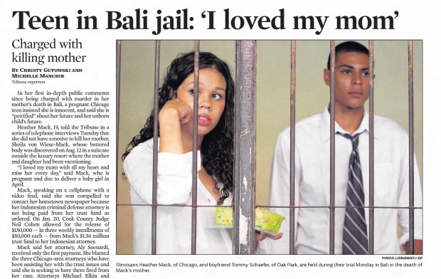 "I maintain that I am innocent of all charges against me related to the death of my mother," a pregnant Heather Mack told the Tribune during a phone interview in February 2015. (Chicago Tribune)