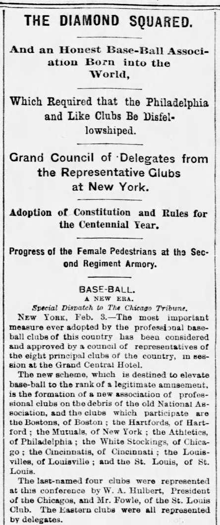 Team owners from eight clubs met at the Grand Central Hotel in New York City on Feb. 3, 1876, to form the National League. (Chicago Tribune)
