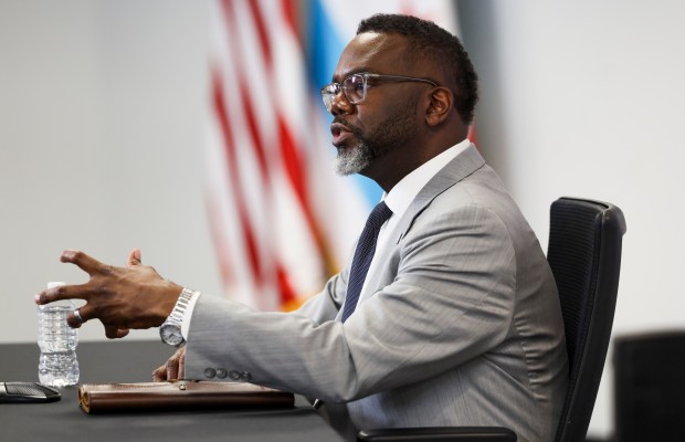 Mayor Brandon Johnson answers questions during a news conference on the fifth floor of City Hall, Feb. 3, 2026. (Eileen T. Meslar/Chicago Tribune)