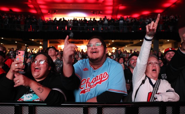 White Sox fans have some fun in the crowd during SoxFest Live at the Ramova Theatre on Friday, Jan. 30, 2026, in Bridgeport. (Chris Sweda/Chicago Tribune)