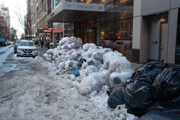 Garbage piles up along E. 87th St. in Manhattan, just blocks from Gracie Mansion, Monday, Feb. 2, 2026 in New York City. (Barry Williams/ New York Daily News)